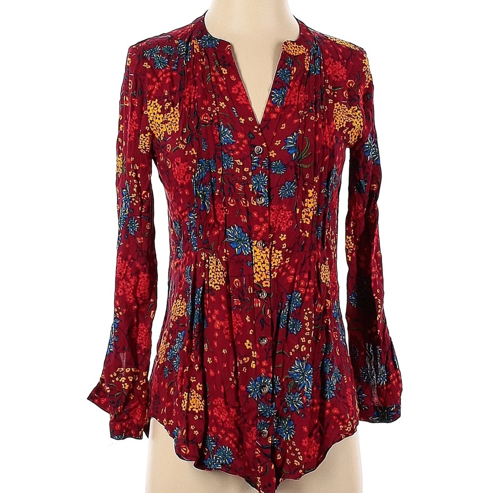 Anthropologie Maeve Floral Printed Pintuck Button Down Blouse in Wine Size XS